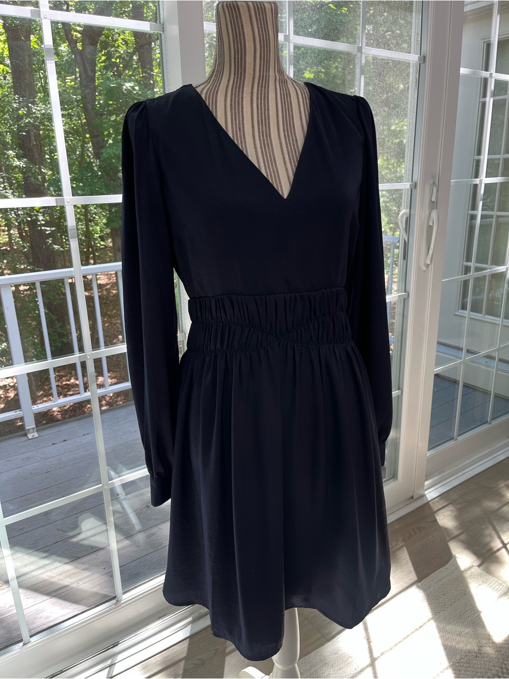 Express Midnight Blue  Long Sleeve V-Neck Smocked Waist Dress
